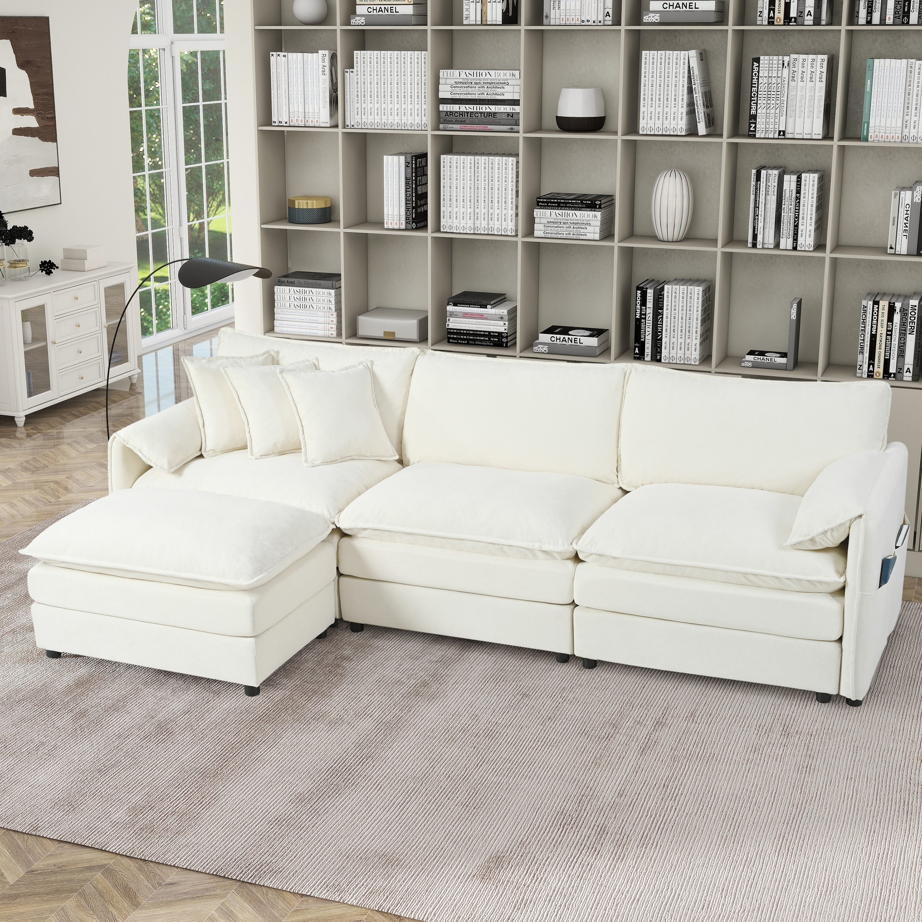 Modern Modular 3 Seat Sofa with Deep Dual Layer Cushions and Storage Pockets for Living Room and Guest Room