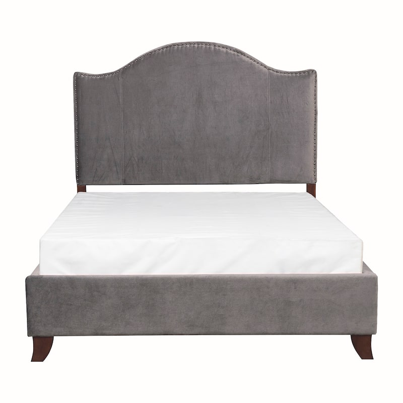 Gray Velvet Upholstered Full Bed with Camelback Headboard and Nailhead Trim