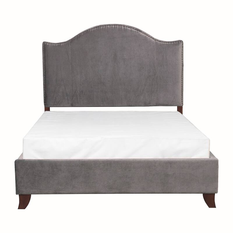 Queen Size Velvet Upholstered Panel Bed with Camelback Headboard and Nailhead Trim