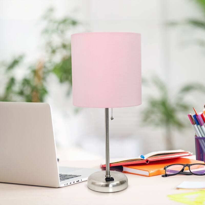 19.5 in. Brushed Steel Finish Table Lamp with Pink Shade, Sturdy Table Lamp for Living Rooms and Bedrooms