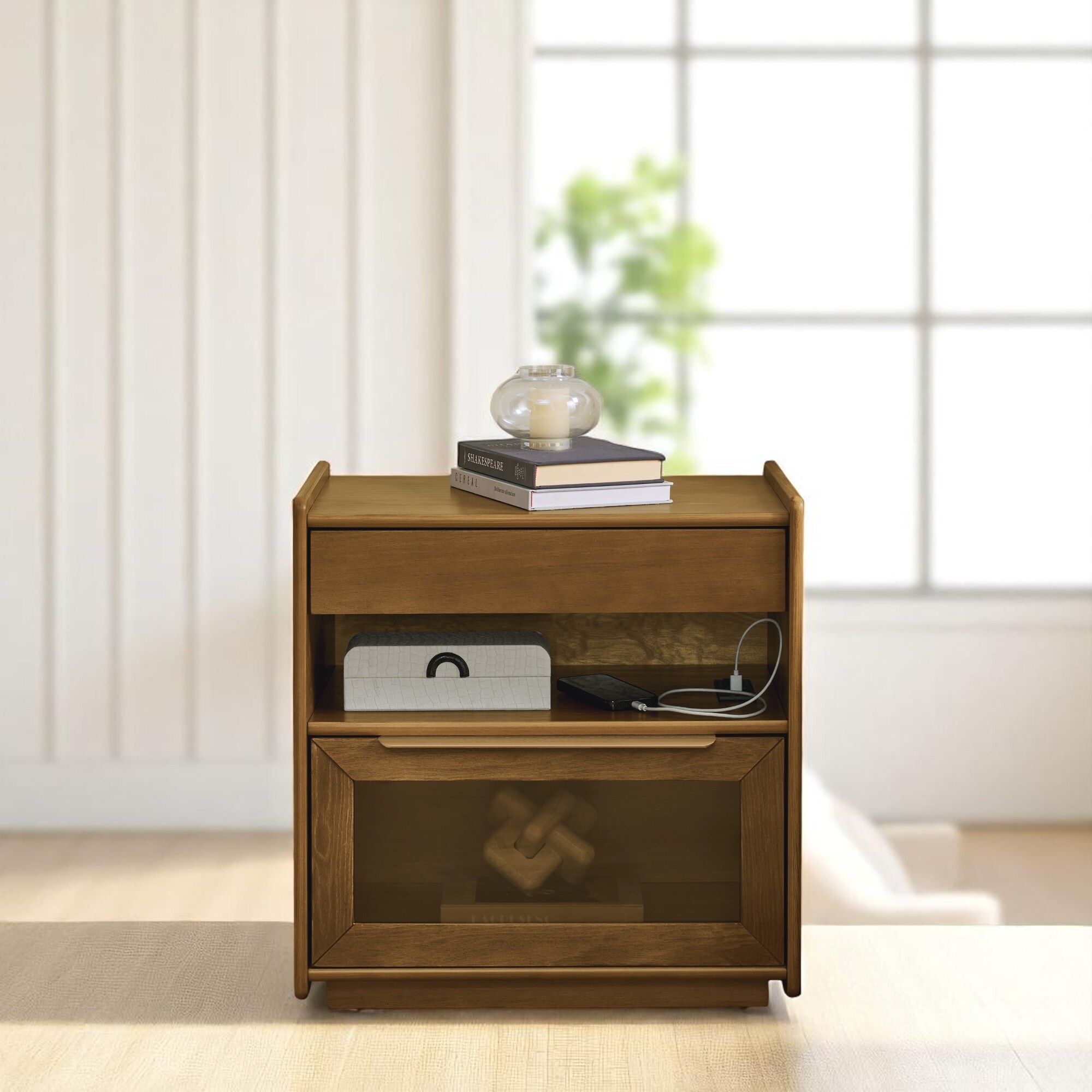 Mid-Century Modern Nightstand with USB Charging Station, 2 Drawers, Open Shelf & Glass Drawer for Bedroom or Living Room