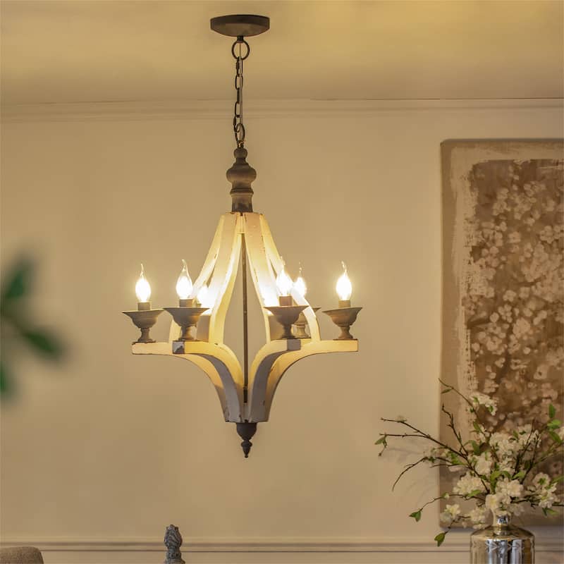 6 Light Wood Chandelier (Bulb Not Included) - Cream