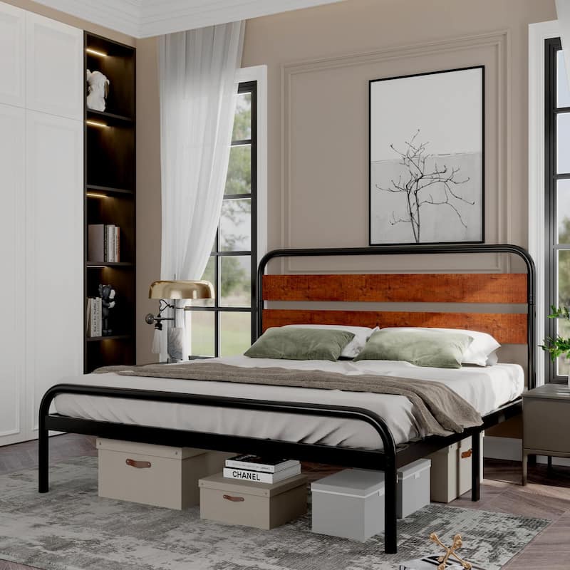 Platform Bed Frame with Wood Headboard, Heavy Duty Metal Slat Support, Noise Free Design