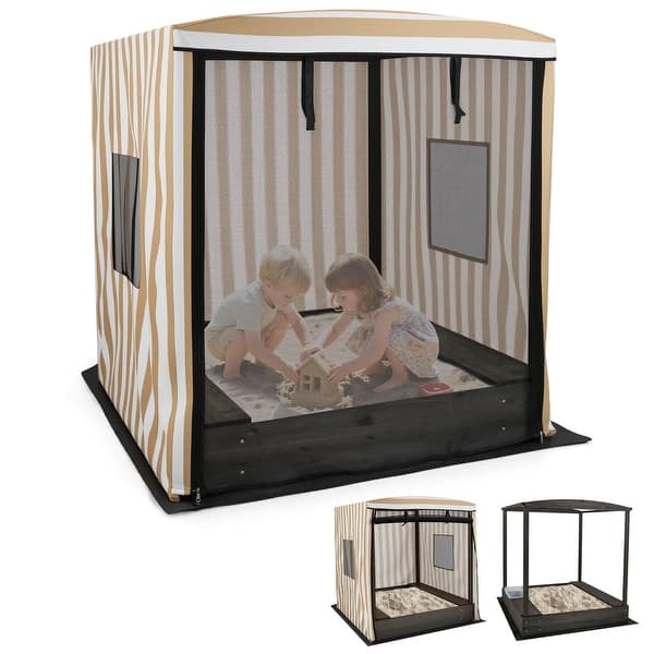 slide 2 of 6, Kids Wooden Sandbox w/ Canopy Large Sand Pit w/Mesh Door Brown