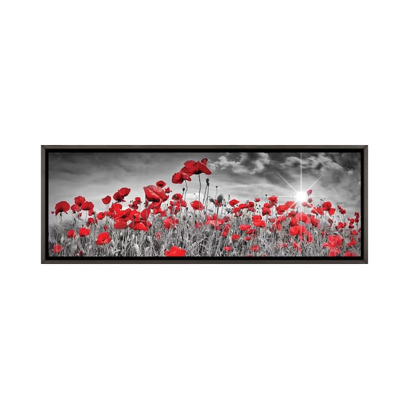 iCanvas "Idyllic Field Of Poppies With Sun Panorama" by Melanie Viola Framed - 12x36 - Charcoal