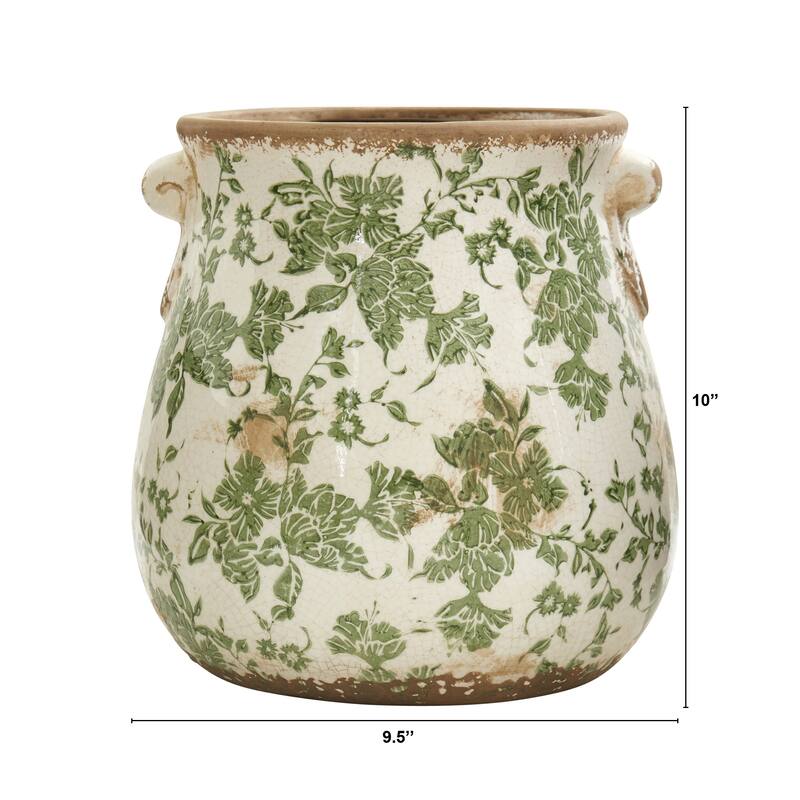 10" White and Green Tuscan Ceramic Scroll Planter