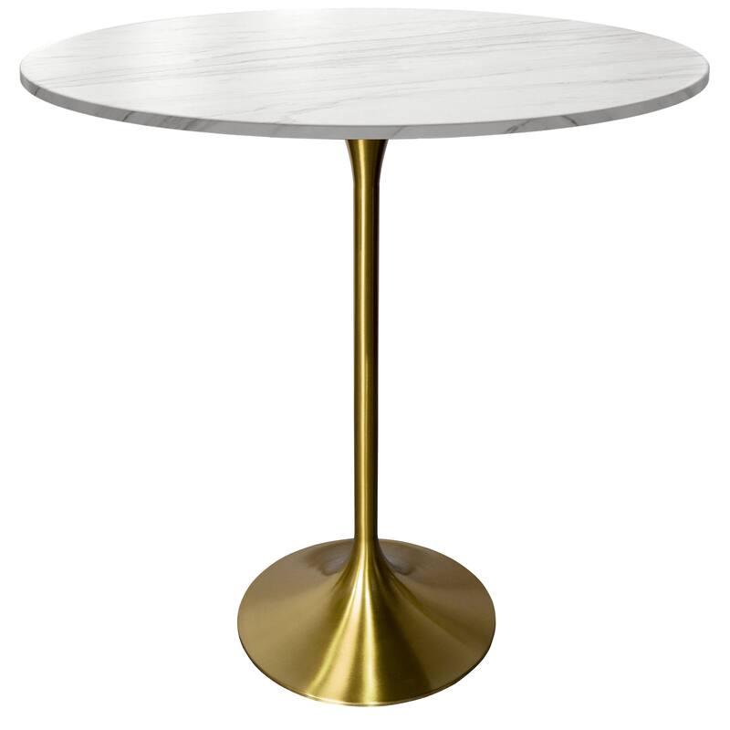 LeisureMod Verve 36" Bar Dining Table with Sintered Stone Round Top in Gold Steel, Gold Marbleized - Marble White