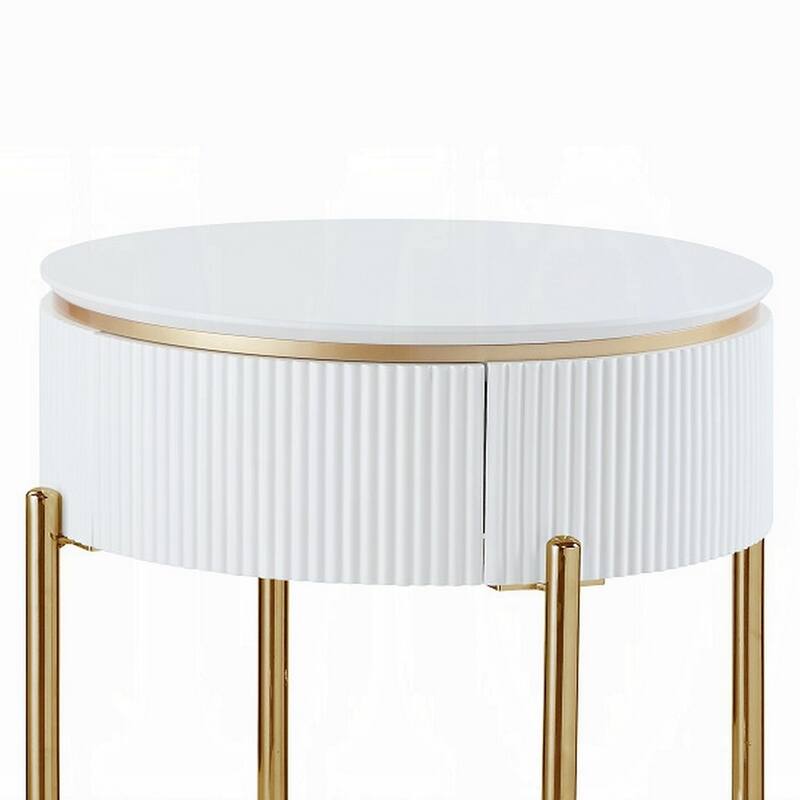Tyce Side End Table with Drawer, 22 Inch Glossy White, Gold Metal