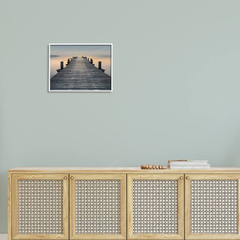 Stupell Quiet Serene Dock Pier Foggy Morning Sunrise Scenery Framed Wall Art - Orange