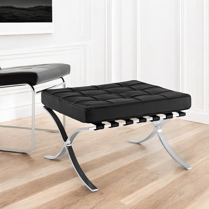 24-Inch Leather Footstool Ottoman with Silver Tufted Design and X Base - Black