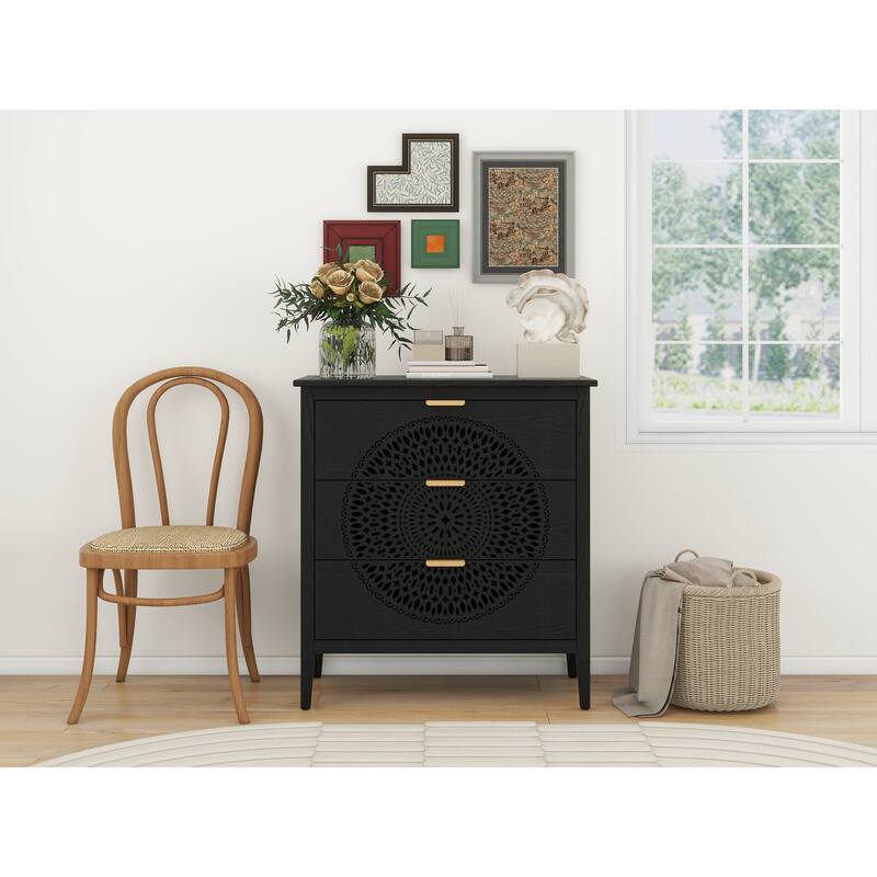 3-Drawer Storage Cabinet with Pine Legs & Metal Handles for Entryway or Bedroom Organization