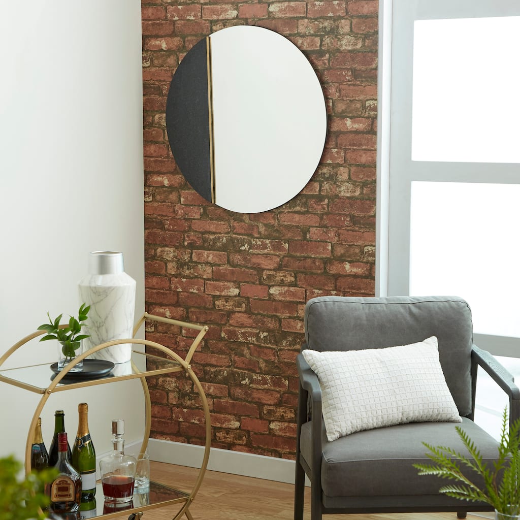 Black Glass Wall Mirror with Marble Accent - 28 x 1 x 28Round