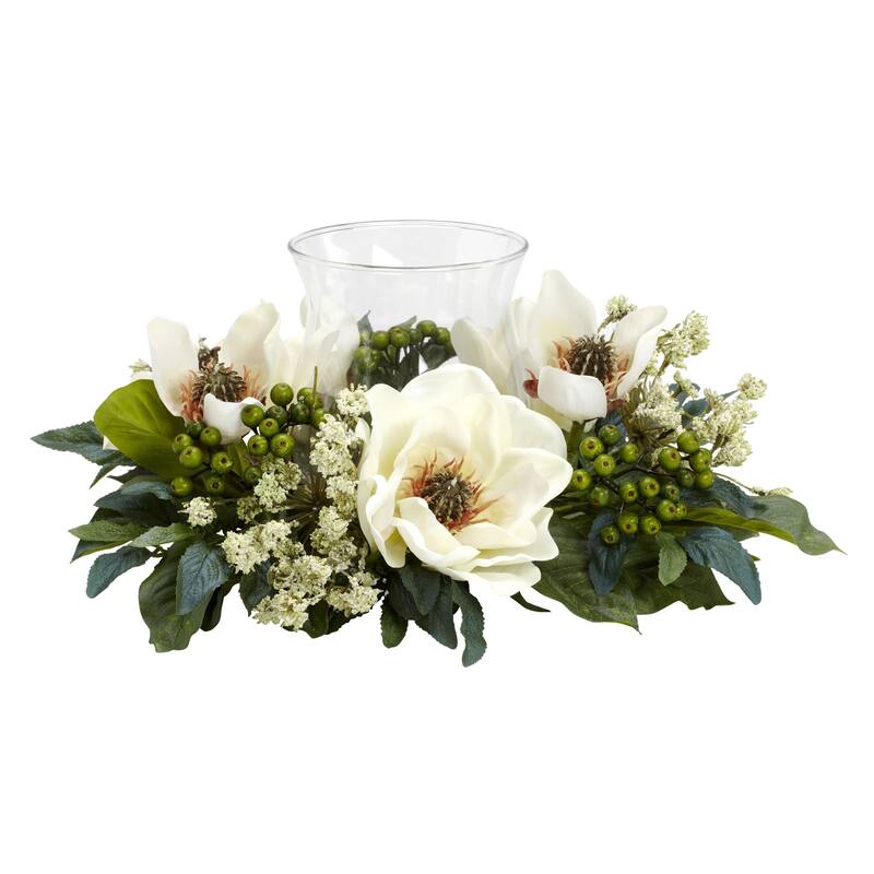 14" Magnolia Silk Artificial Flower Arrangement Candelabrum
