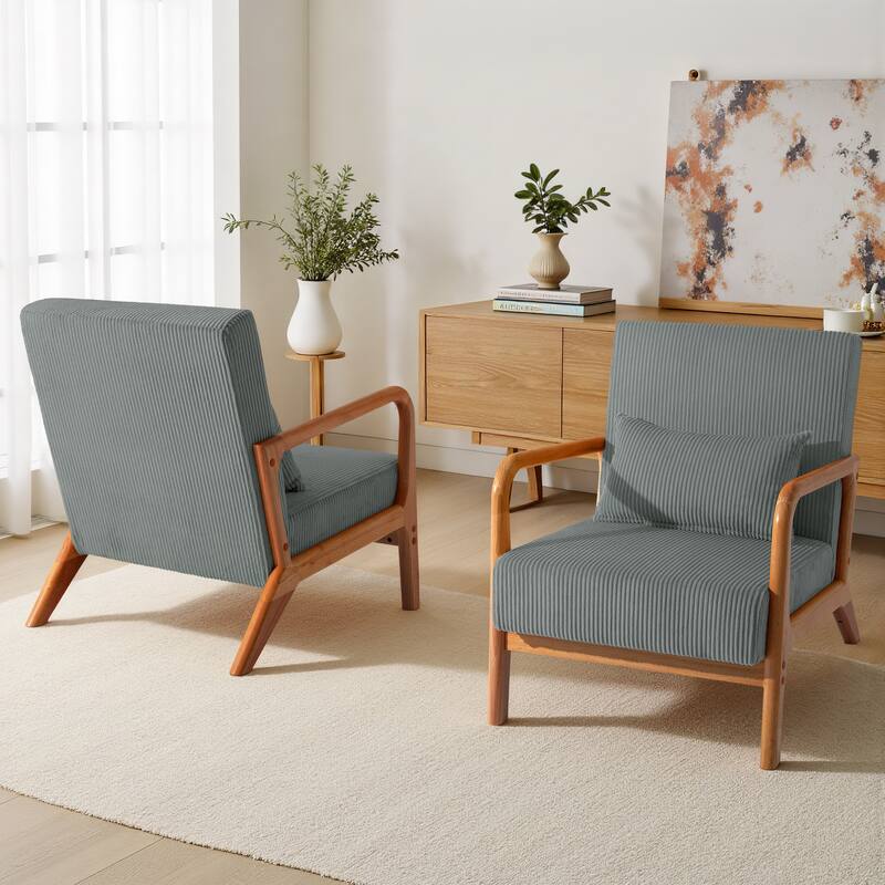 25" W Mid Century Upholstered Wood Accent Chair with Pillow set of 2