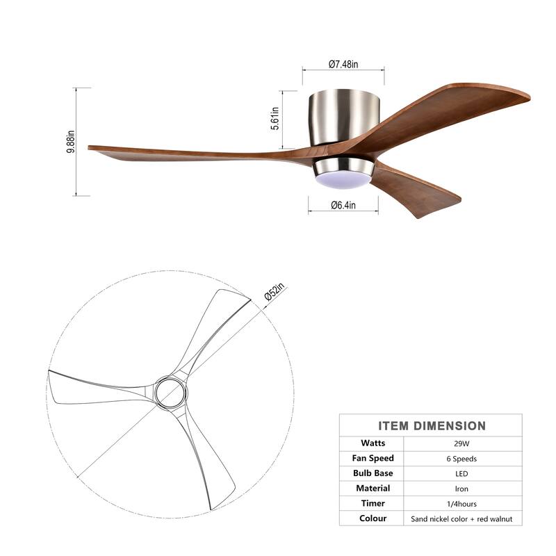 Ceiling Fan with Lights ,3 Wood Blade, 6 Speed Levels Remote Control