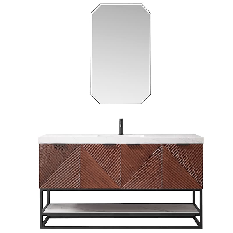 Mahon Single Bath Vanity with Composite Stone Top and Mirror - 60in. - Matte Black Base