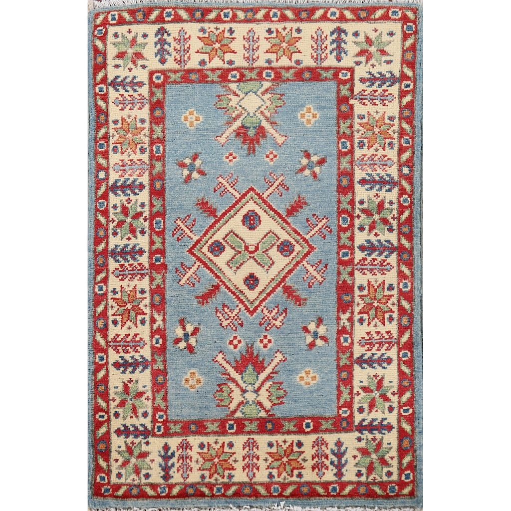 Light Blue Kazak Oriental Foyer Rug Hand-Knotted Geometric Wool Carpet - 1'10" x 2'11"
