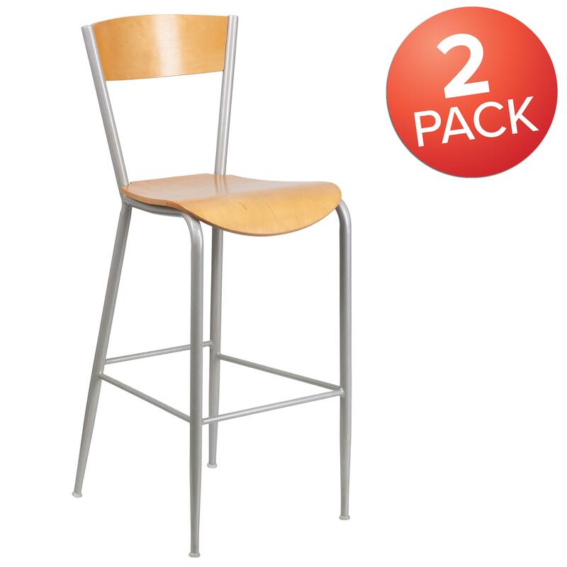 2 Pack Silver Metal Restaurant Barstool - Wood Back & Seat - 16.5"W x 21.5"D x 43"H