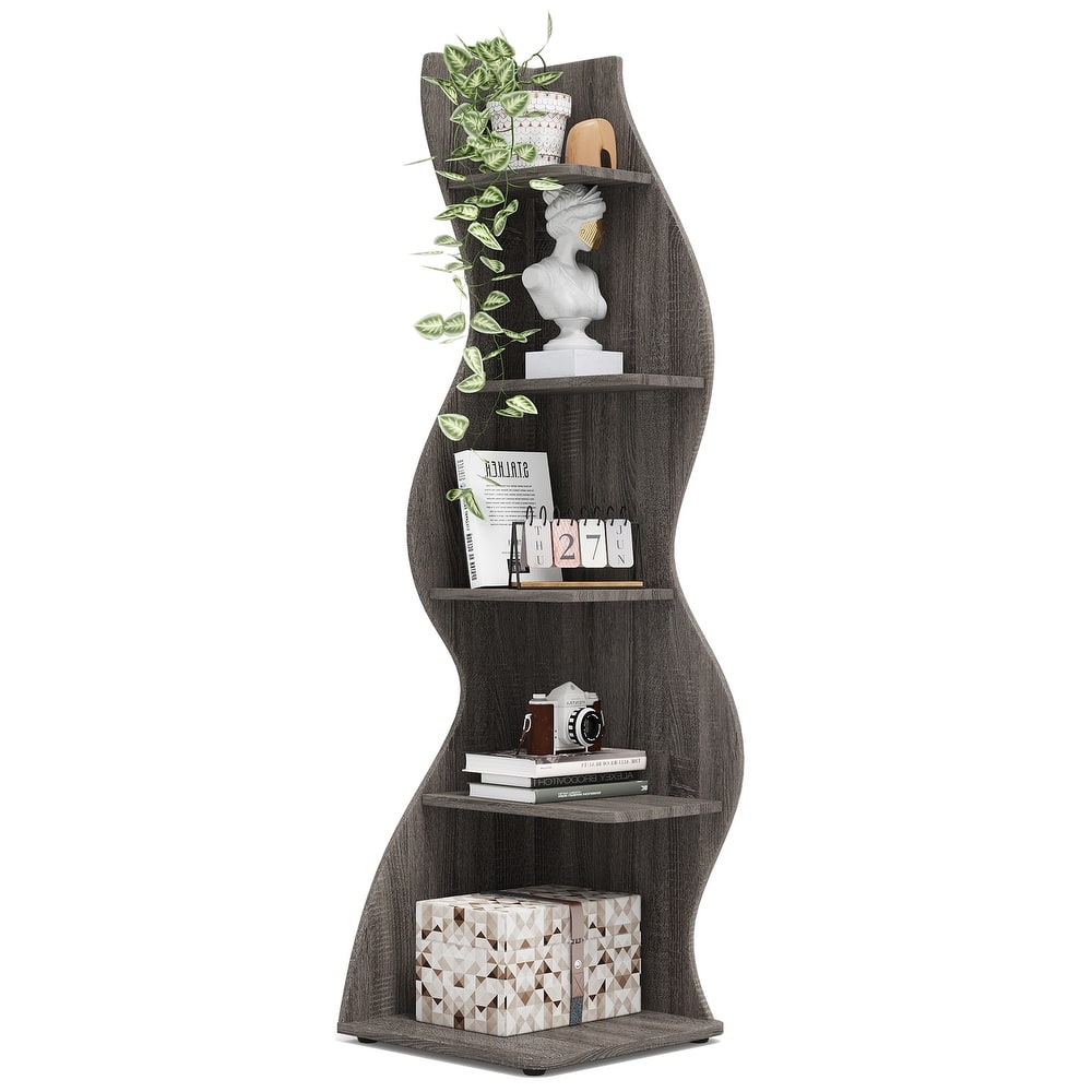 Modern Wood Corner Shelf, 5-Tier Bookshelf Bookcase for Living Room