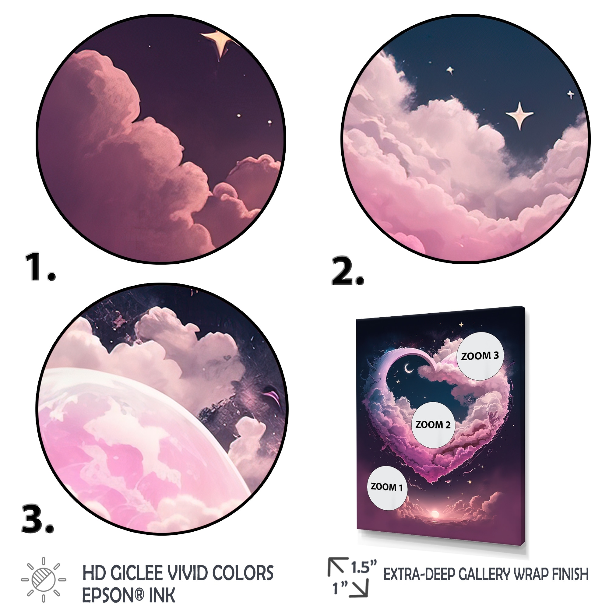 Designart Cotton Candy Cloud Heart IV Romantic Abstract Canvas Art Print - 3 Panels - 28 in. Wide x 36 in. High