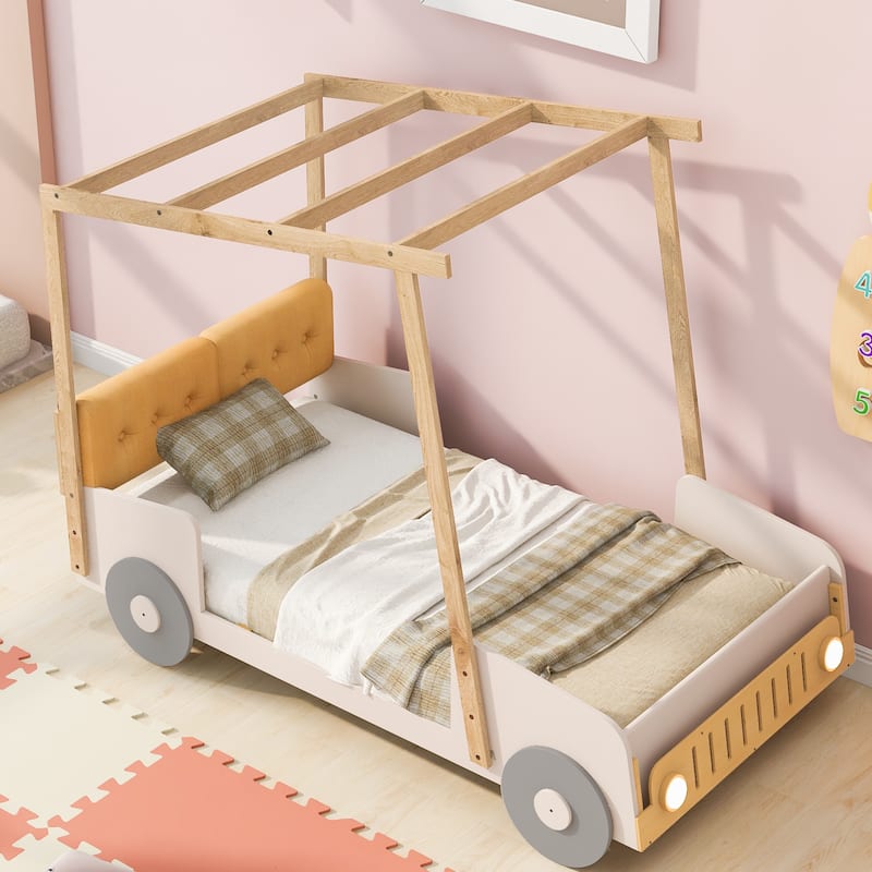 Roomfitters Size Car Canopy Bed, Wood Frame Platform with Upholstered Headboard, Tent Roof Design - Twin