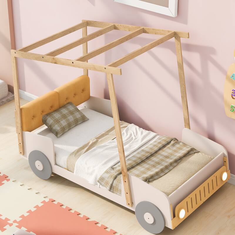 Twin Size Car-Shaped Bed with LED Lights and Pillow, Natural