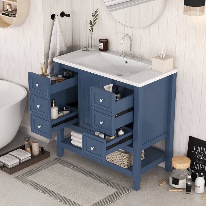 36" Bathroom Vanity with Sink Combo, One Cabinet and Three Drawers, Solid Wood and MDF Board