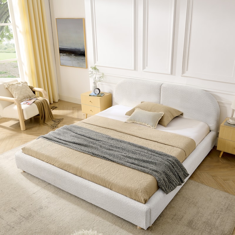 Fabric Upholstered Bed Frame Modern American Platform Bed Frame with Curved Headboard/Sturdy Legs Support/No Box Spring Needed - Beige - Queen