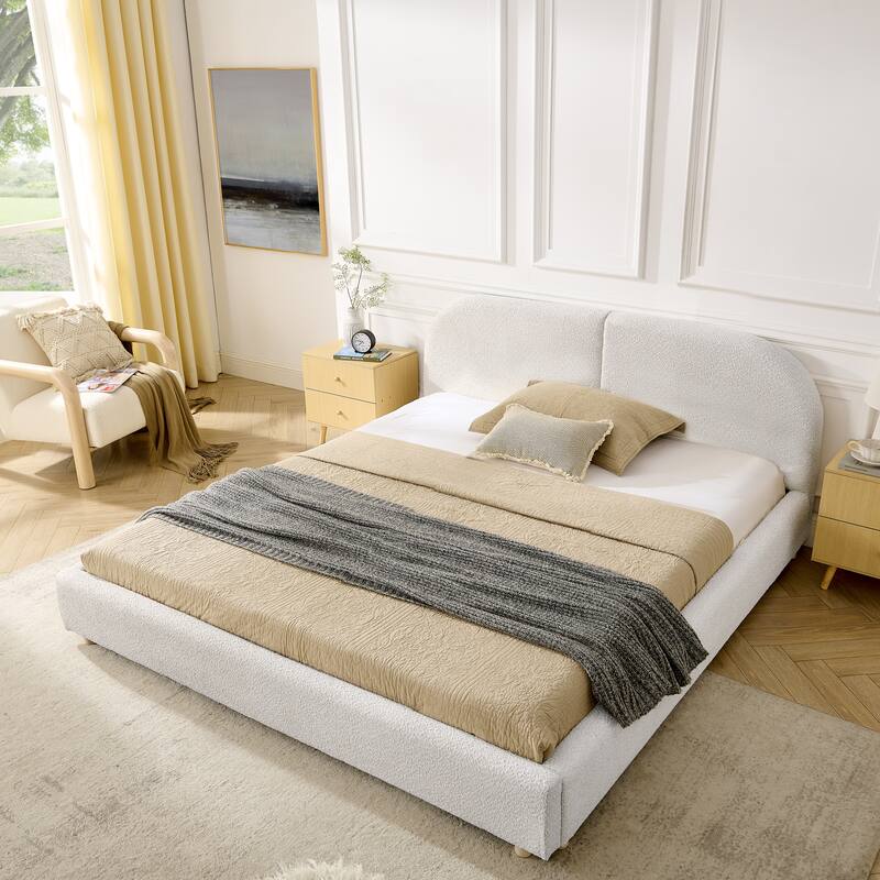 Queen Size Upholstered Bed Frame with Tall Headboard - Beige