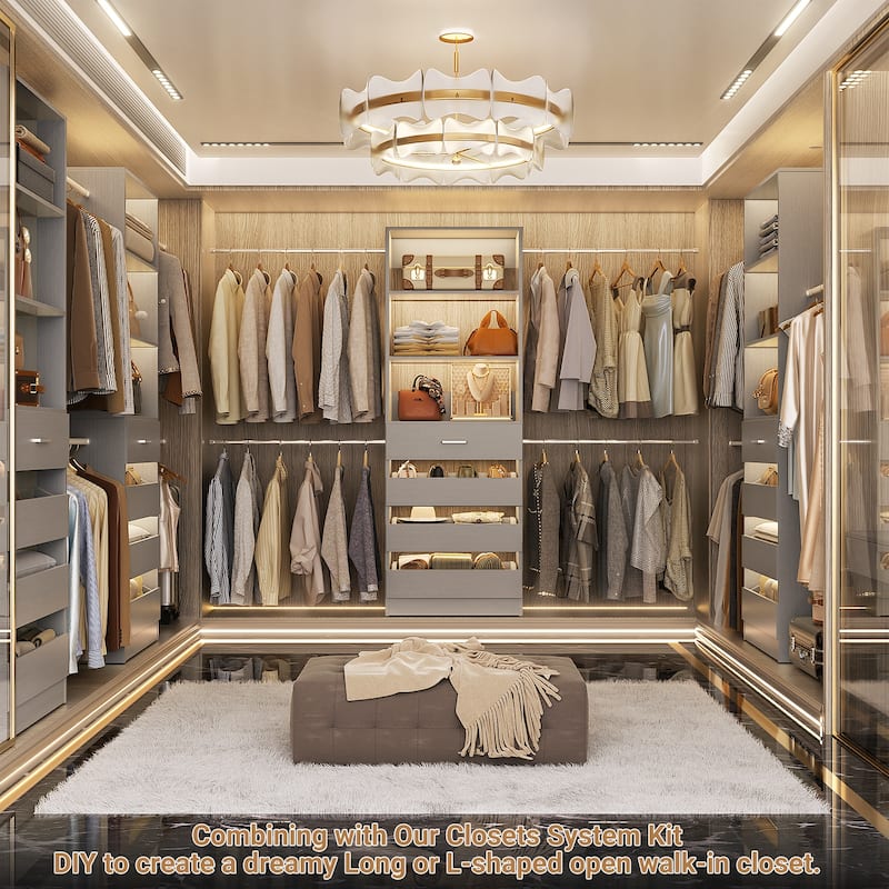 Modular Closet System Wardrobe Organizer 4 Adjustable Hanging Rods + 4 Wooden Drawers, Space-Saving for 4-9Ft Closets