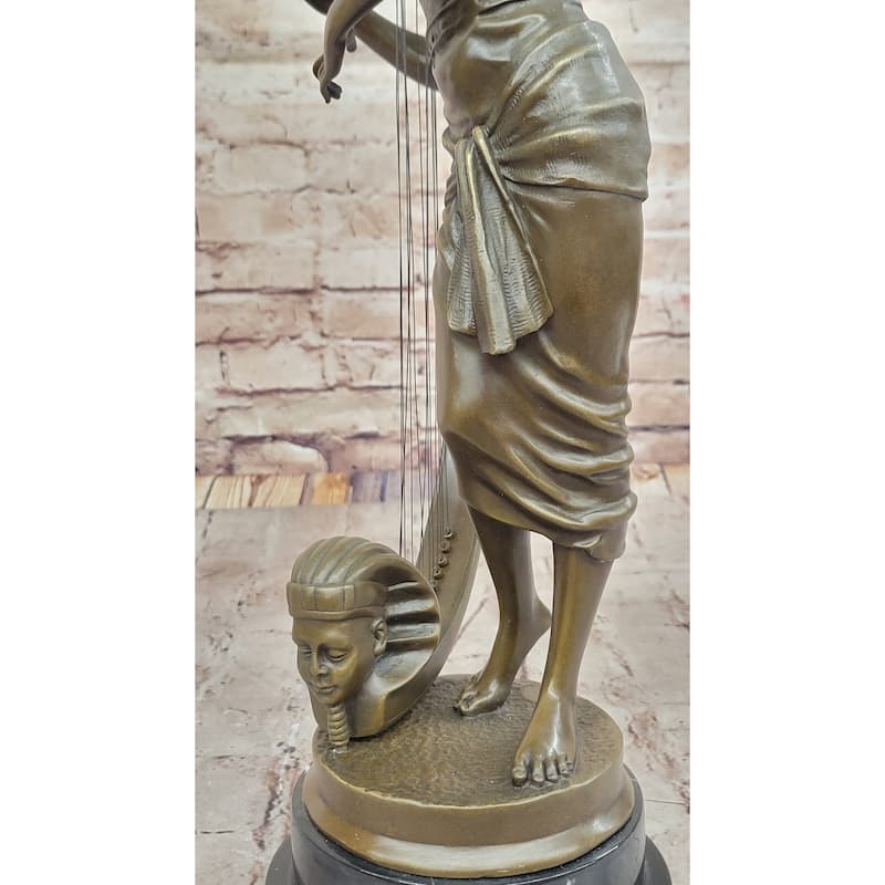 Coudray “Egyptian Harp Player” – Ornate Bronze Sculpture On Marble Base