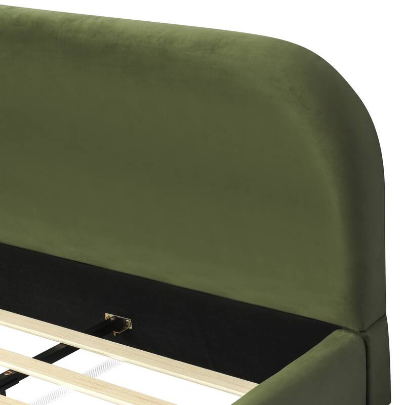 King Size Platform Bed with Velvet Fabric, Upholstered Platform Bed with Curve-Shaped Design Headboard, Olive Green