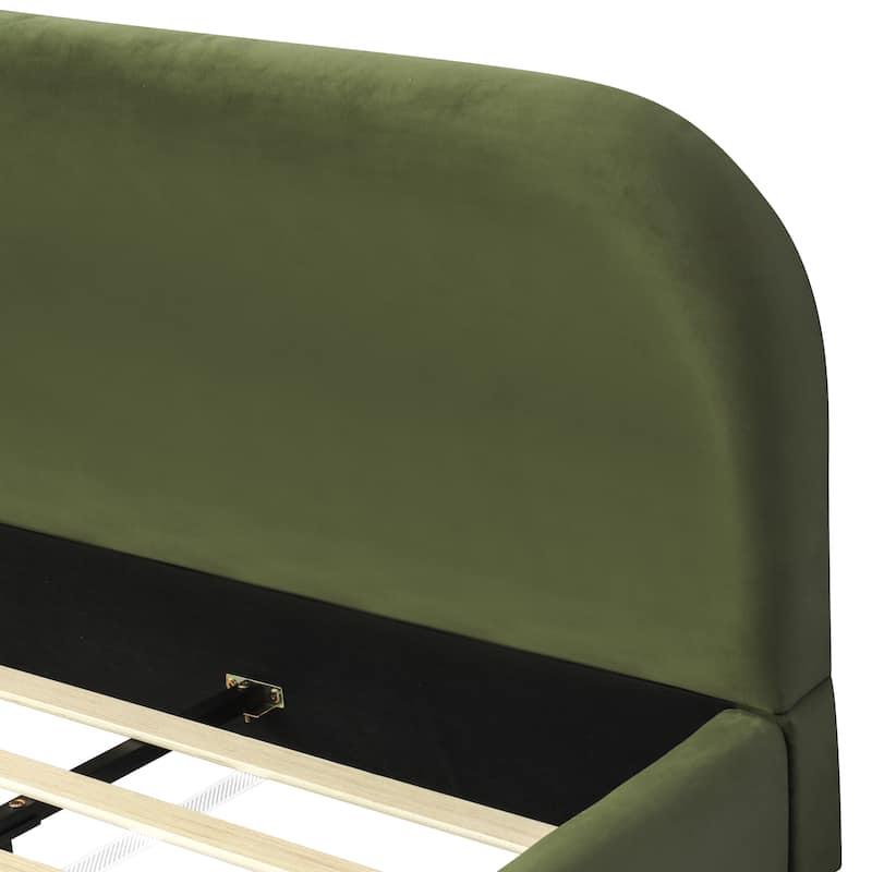 Queen Size Platform Bed with Velvet Fabric, Upholstered Bed with Curve Design Thick Headboard, Olive Green
