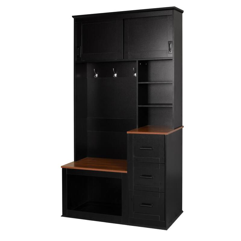 Modern Entryway Bench with Coat Rack, 3 Shelves, Drawers, 3 Hooks, and Storage