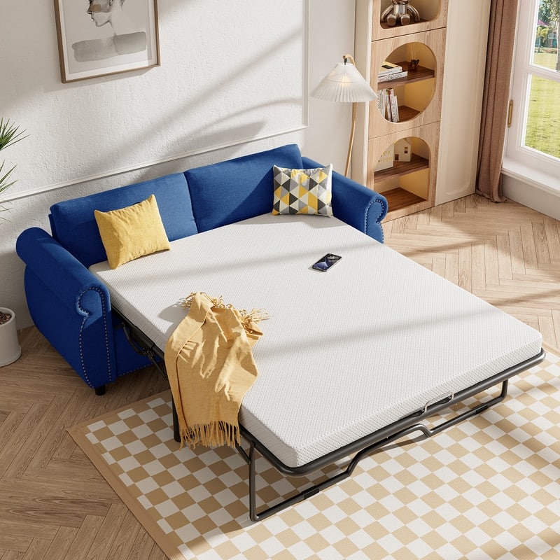 Mixoy Full/Queen Size Pull Out 2 in 1 Sleeper Sofa Bed with Mattress,Convertible Upholstered Loveseat with Nailhead