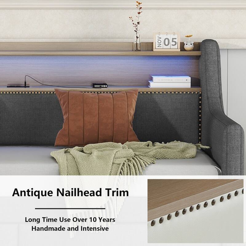 Twin Size Daybed with Drawers, Upholstered Daybed with Charging Station and LED Light