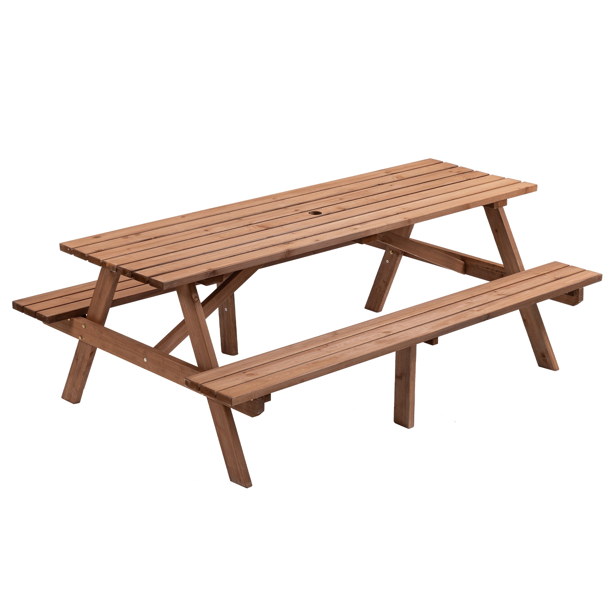 8 Person Brown Wooden Picnic Table, Outdoor Camping Dining Table with 2 Seats