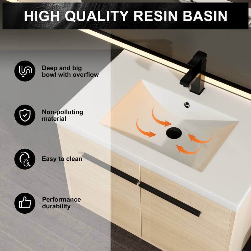 GDFStudio - Levistar Modern Wall-Mounted Bathroom Vanity Set with Scratch-Resistant Resin Sink & Soft Close Doors