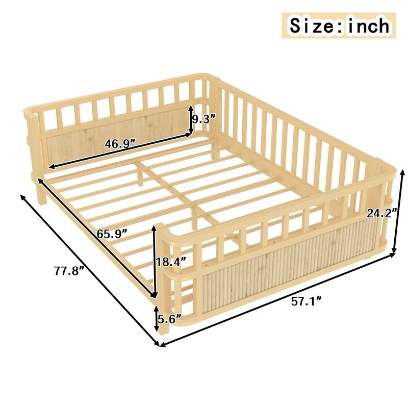 Kids Metal and Wood Platform Bed with Safety Rails, Low Profile Twin Full Children Bed for Boys and Girls