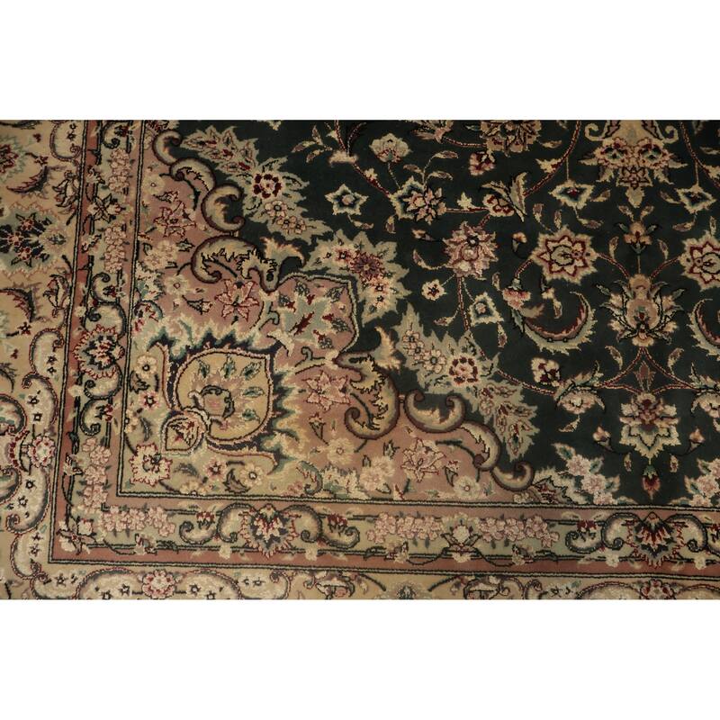 Hand Knotted Oriental Wool & Silk Carpet Traditional Floral Green Aubusson Area Rug - 9' 0'' X 6' 2''