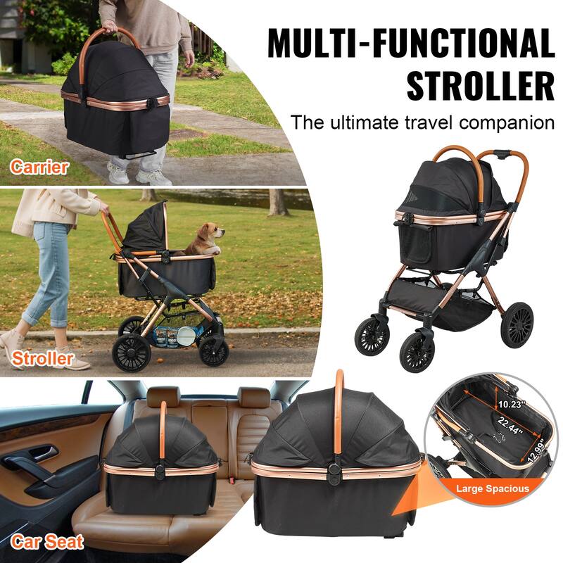 Pet Stroller with Breathable Mesh Windows and Height-Adjustable Height