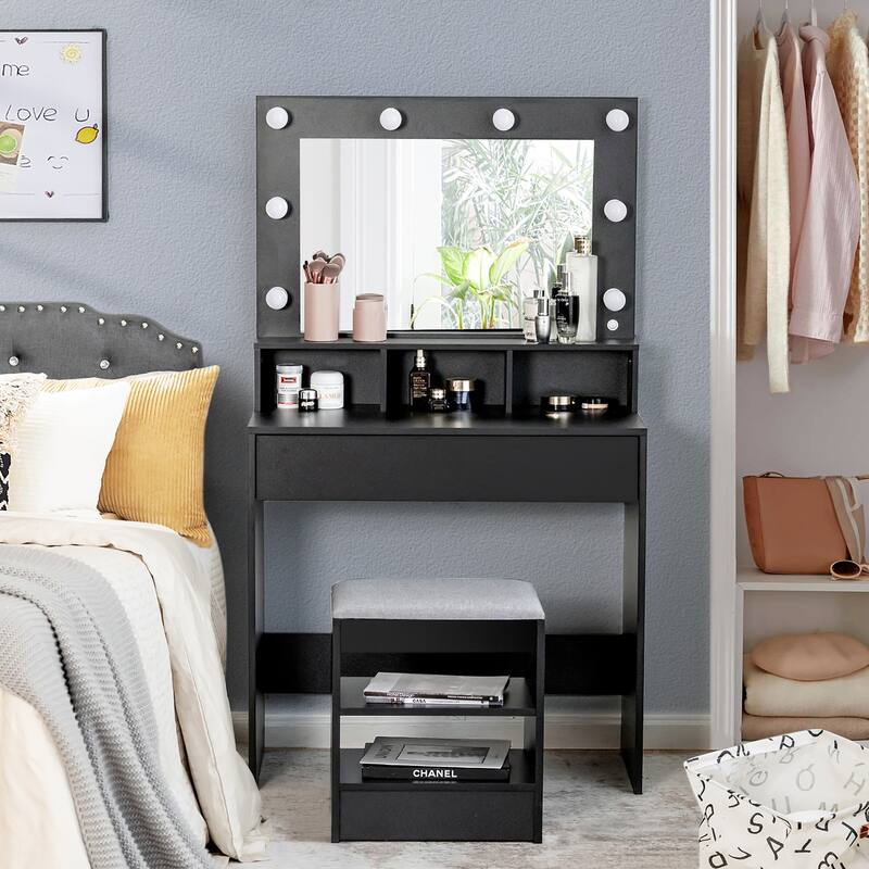 Costway Vanity Table Set with Lighted Mirror 8 LED Bulbs Large Drawer - See Details