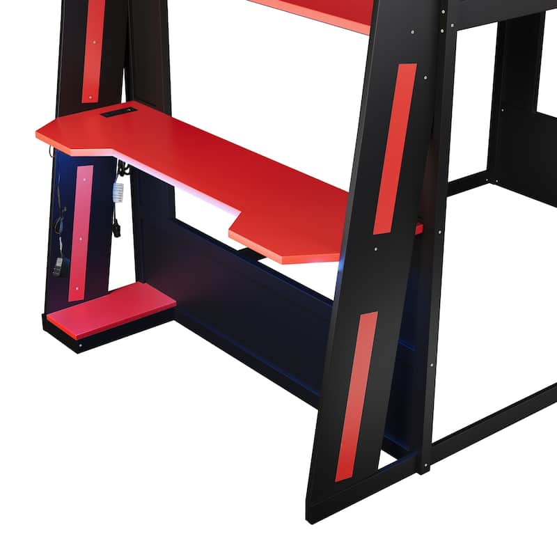 GDFStudio - GameCore Modern Wooden Queen Gaming Bunk Bed with Desk, USB and LED Lighting