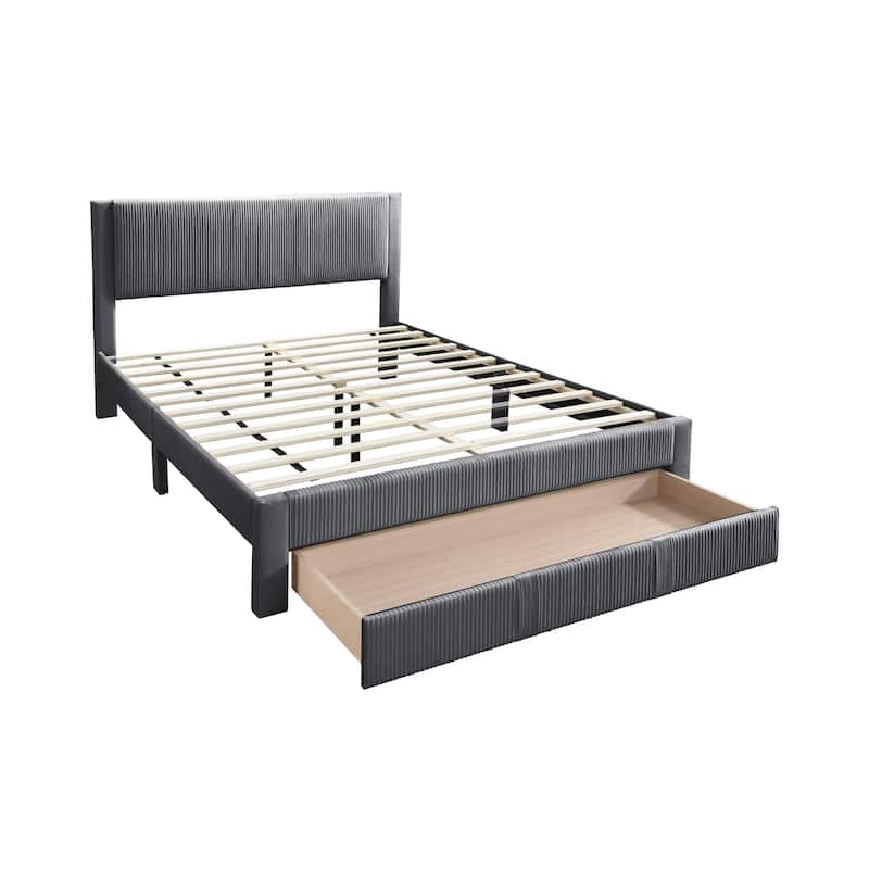 Queen Size Corduroy Platform Bed with Storage Drawer and Channel-Tufted Headboard and Contemporary Design