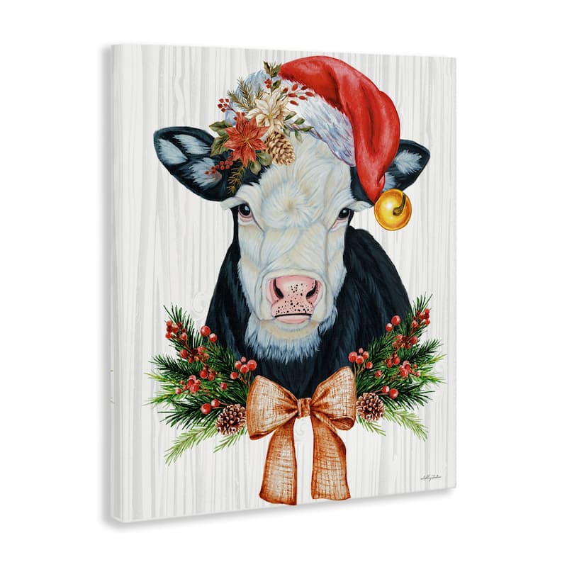 Stupell Festive Cow in Christmas Hat Canvas Wall Art Design By Ashley Justice