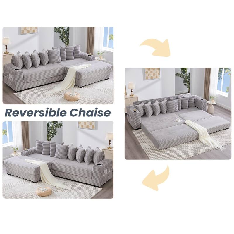 110.75" Corduroy Sectional Sofa, Convertible Sleeper Sofa Bed L-Shaped Upholstered Couch with Removable Footstool, Cup Holder