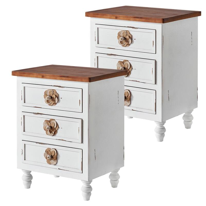 Vintage Farmhouse End Table with Floral Knobs -19"Rustic Nightstand with 3 Drawers Gourd Legs,Bedside or Sofa Accent Table
