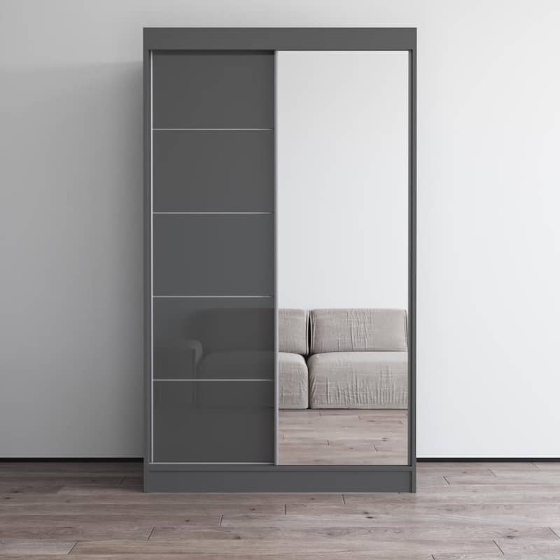 Aria High Gloss 2-door Modern Wardrobe with Mirror - Gray-47"