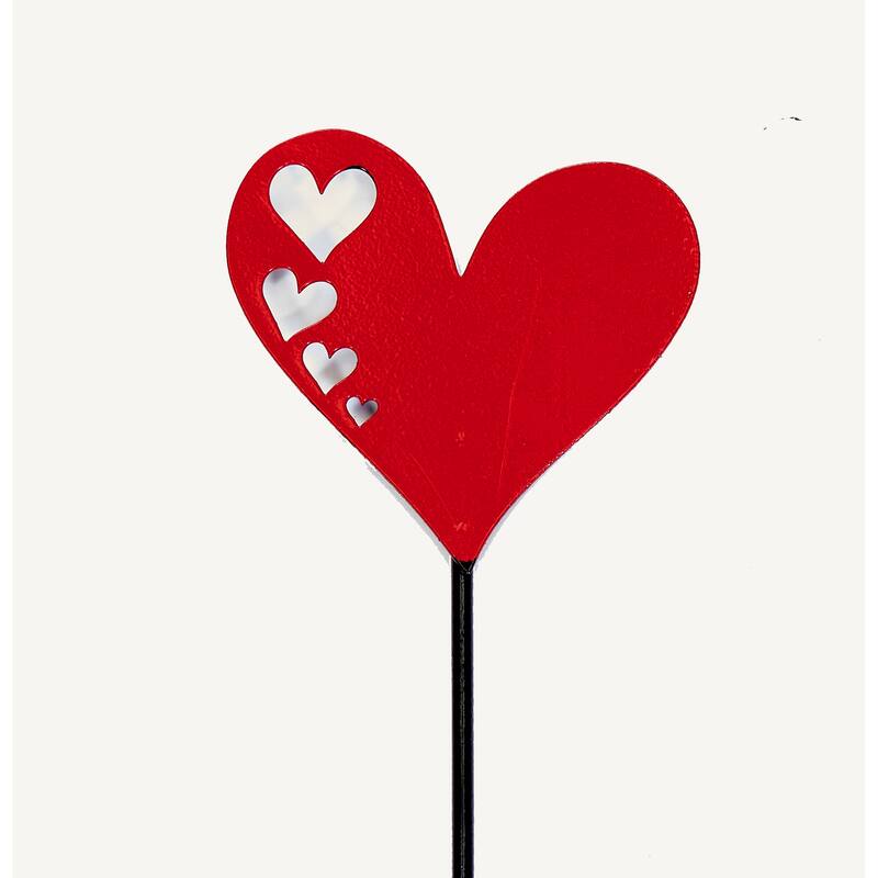 4" Iron Red Heart with Cutouts on 10" Garden Planter or Garden Floral Stake, Set of 6
