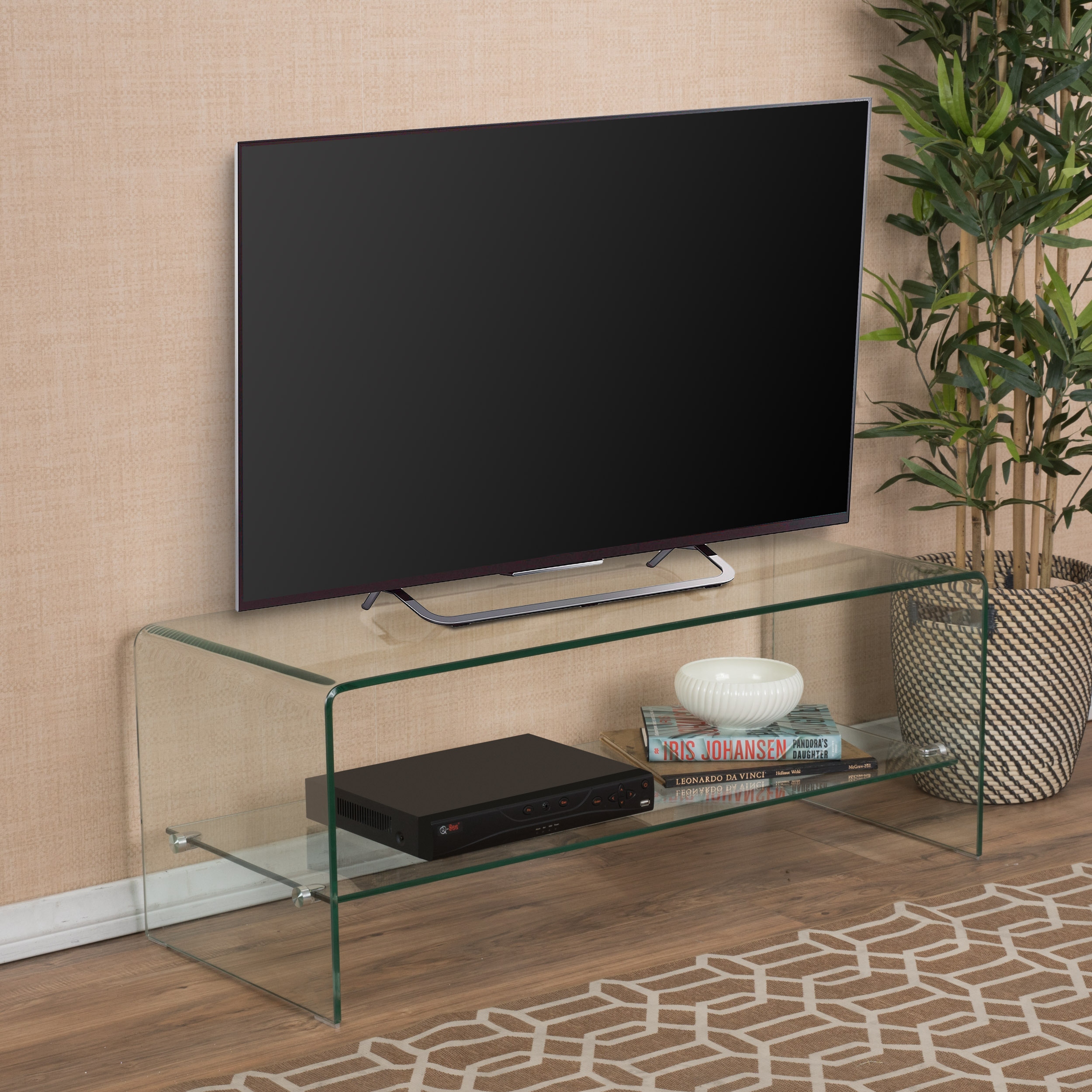 Modern Clear Tempered Glass TV Stand for 39 TVs Open Back Design with Shelf Bed Bath Beyond 41123964